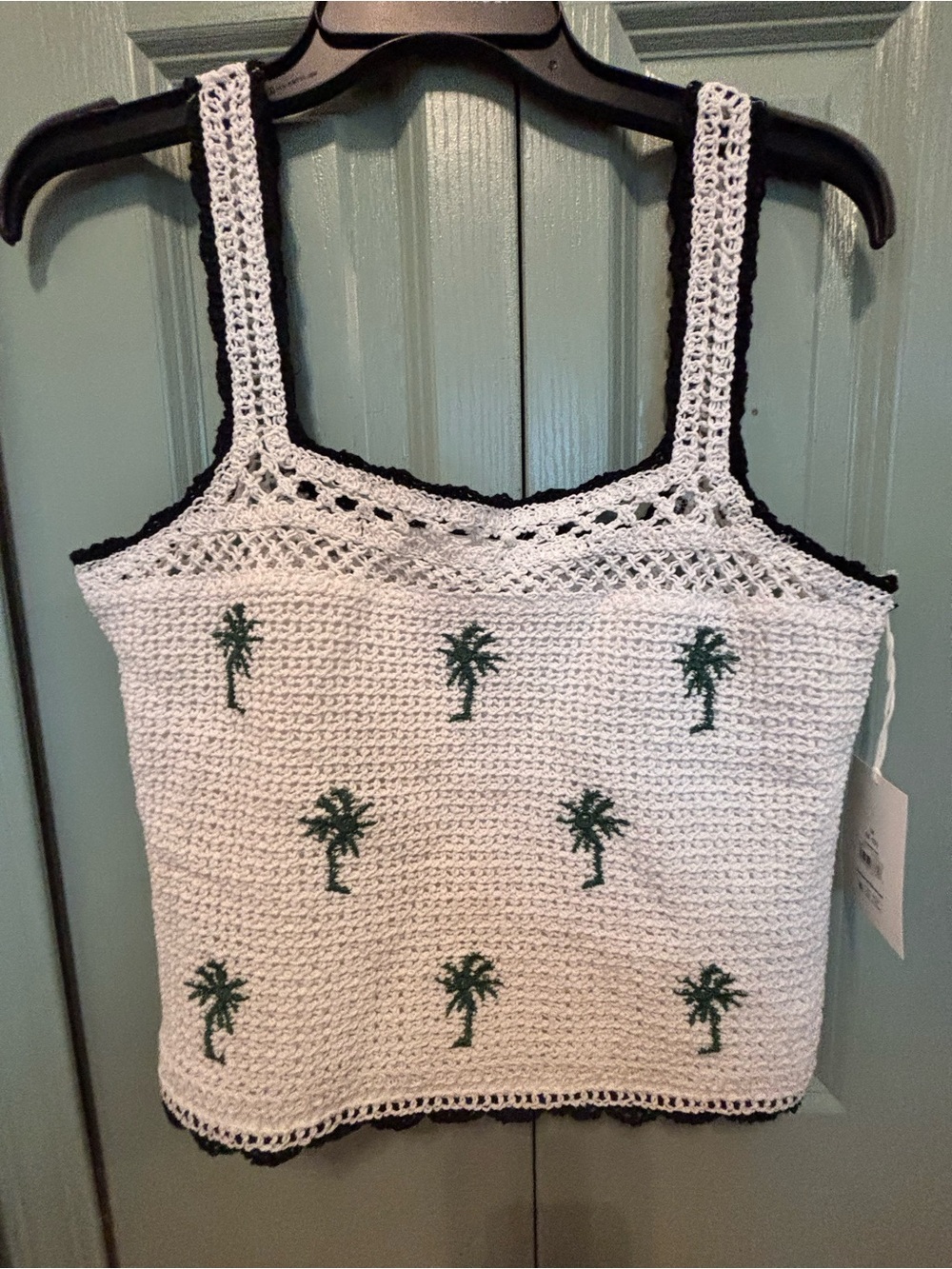 Crochet Palm Tank Top - White with Green Palm Motifs
